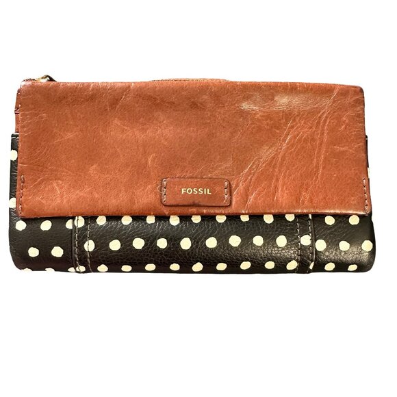 Fossil Vintage Wallet “Sydney” Brown Leather Retro Black White Polka Dot Trifold - Picture 1 of 4